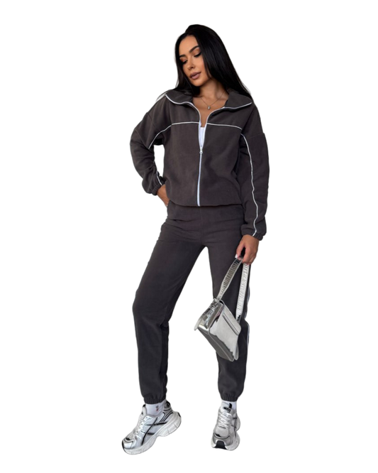 Womens Turkish Fleece Tracksuit Charcoal Zip Jacket Joggers Piped Trim