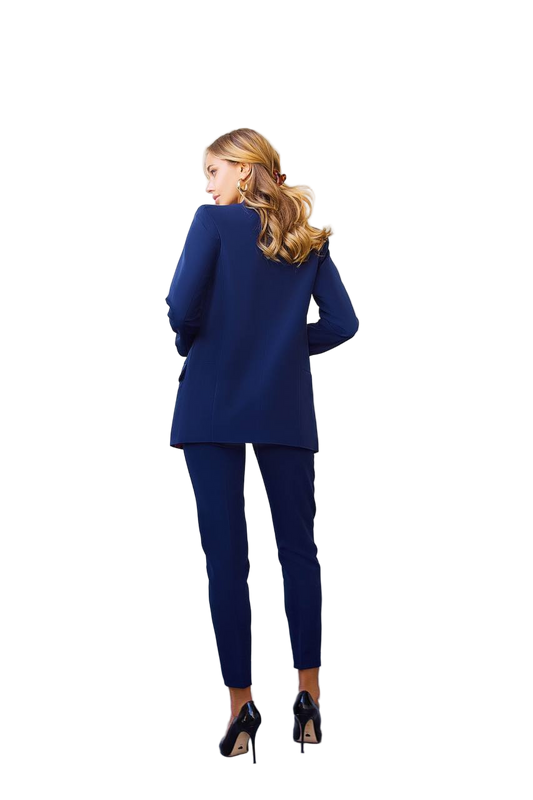 Woman wearing a blue suit on a white background