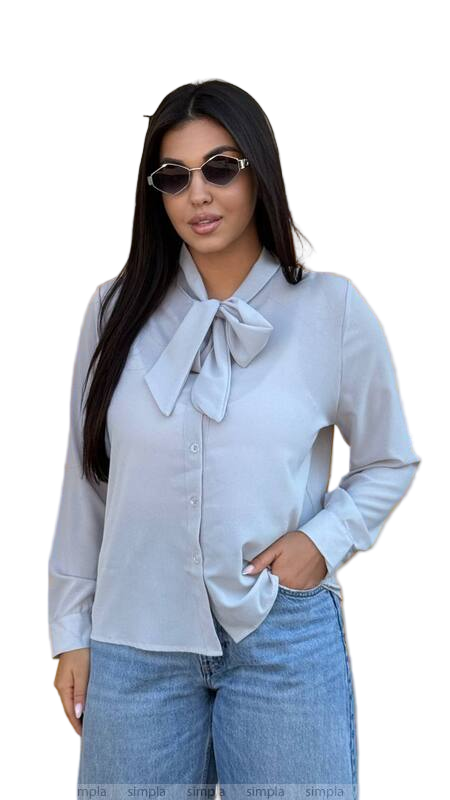 Woman wearing a light blue blouse with a bow tie and jeans on a white background