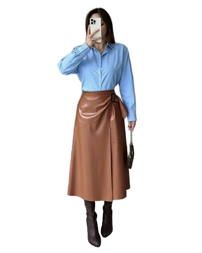 Cognac Vegan Leather Midi Skirt Wrap Detail High Waist