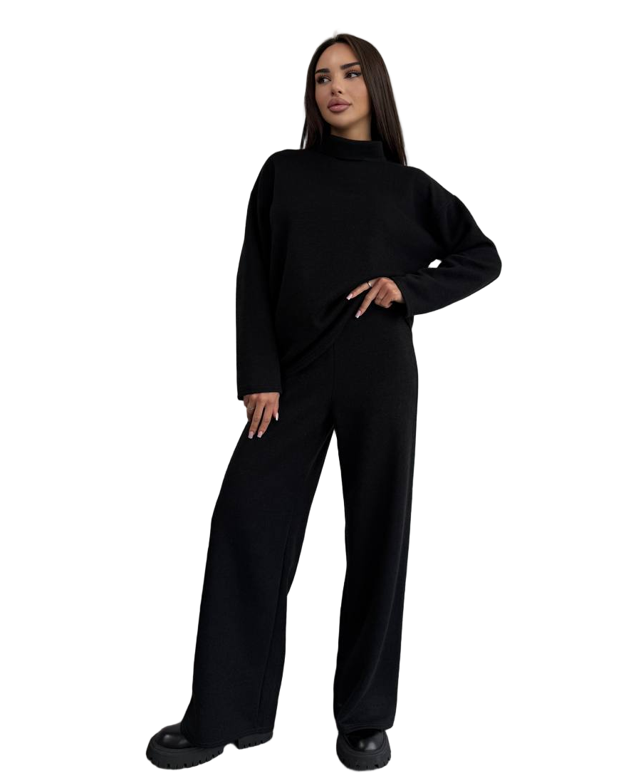 Black Angora Knit Suit Women Two Piece Set High Waist Wide Leg Pants Mock Neck Top