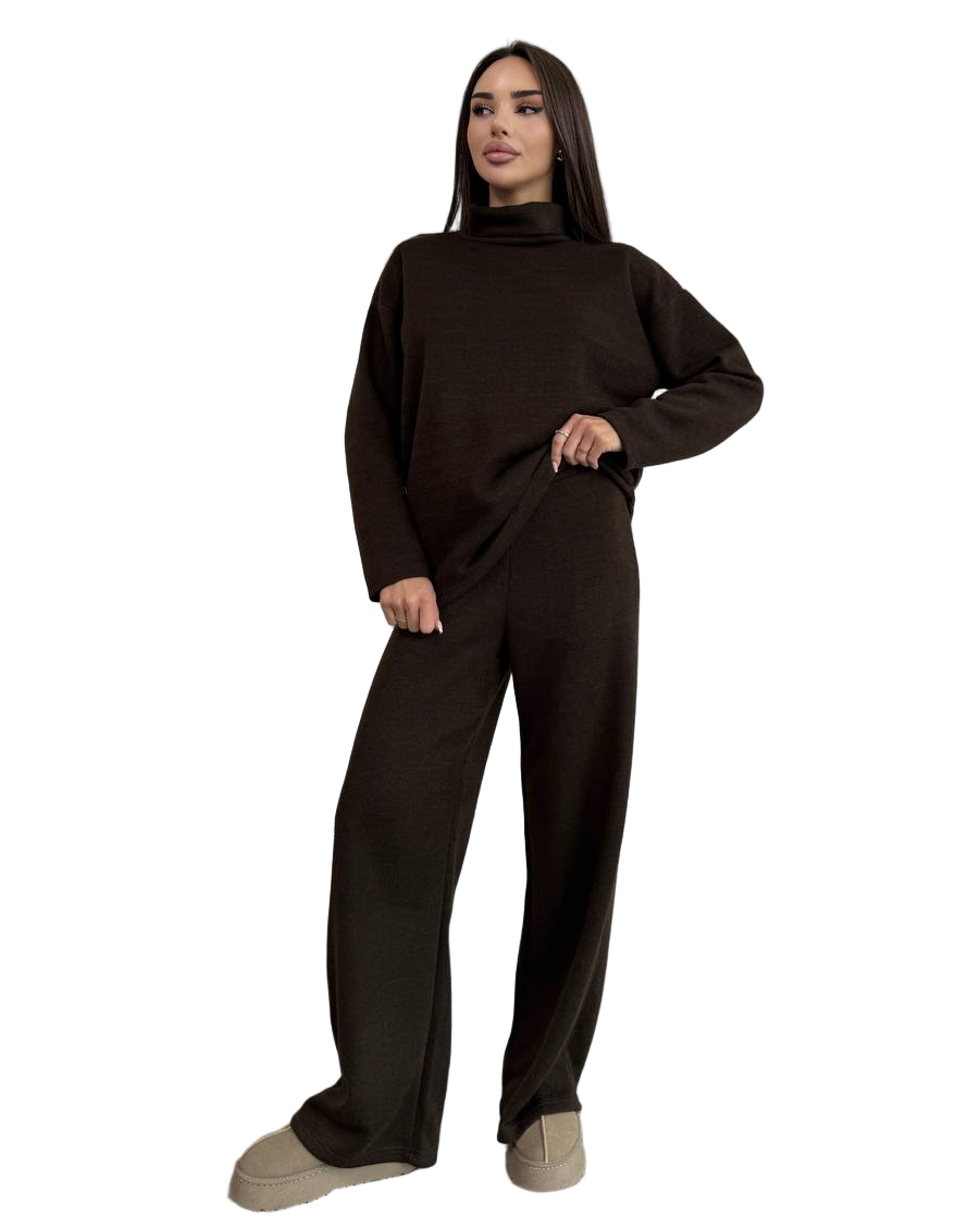 Womens Dark Brown Angora Knit Loungewear Set Turtleneck Top and High Waist Pants