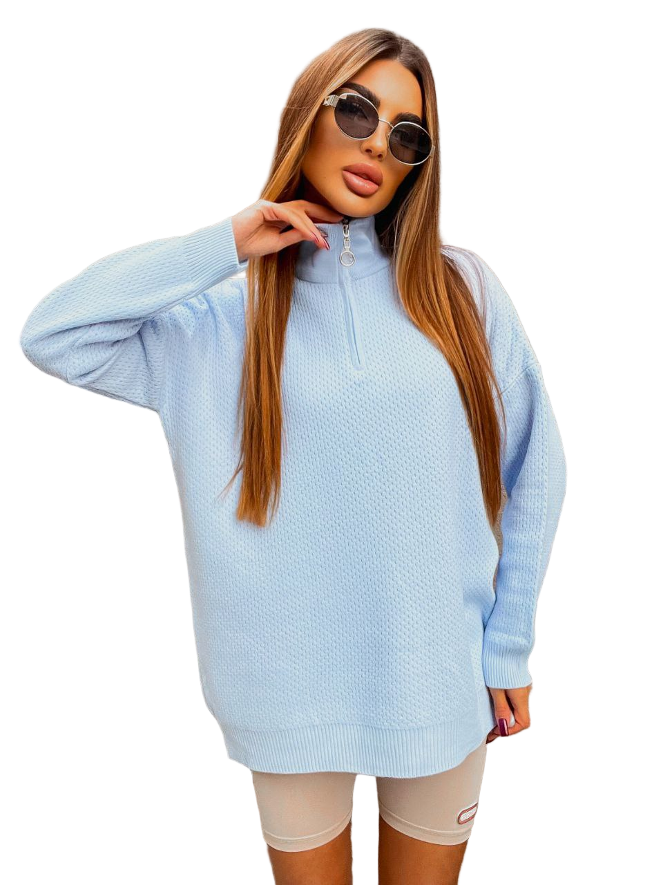 Light Blue Oversized Half Zip Sweater Wool Blend Zippered Knit