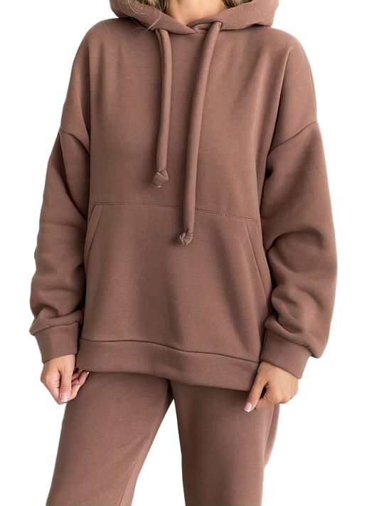 Women Oversized Tracksuit Brown Fleece Hoodie and Joggers Set Casual Streetwear