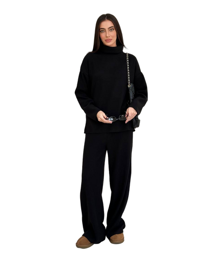 Black Oversize Knit Set Cotton Sweater and High Waist Wide Leg Pants