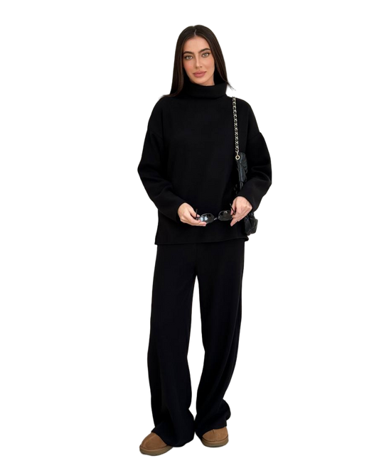 Black Oversize Knit Set Cotton Sweater and High Waist Wide Leg Pants