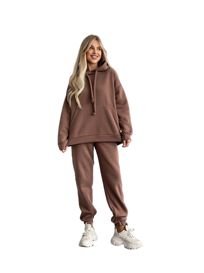 Women Oversized Tracksuit Brown Fleece Hoodie and Joggers Set Casual Streetwear