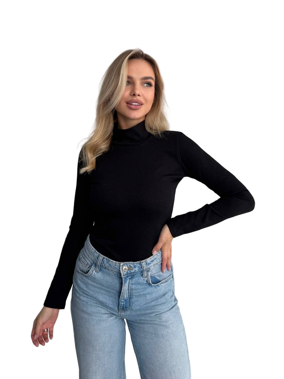 Black Brushed Jersey Turtleneck Top Women Long Sleeve Basic