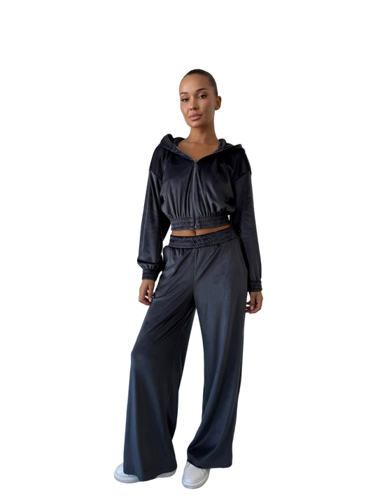 Velour Three Piece Suit Black Hooded Crop Jacket Top Wide Leg Pants