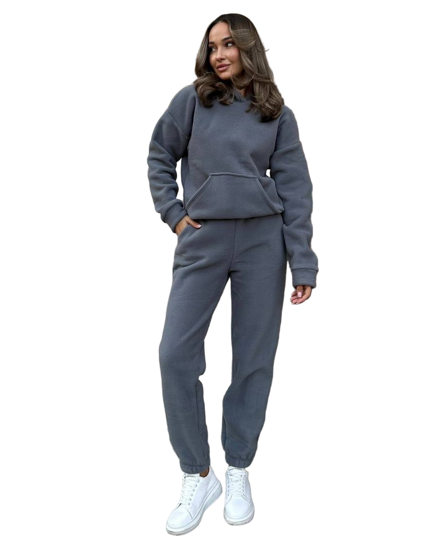 Womens Grey Polar Fleece Tracksuit Warm Hoodie and Joggers Athleisure
