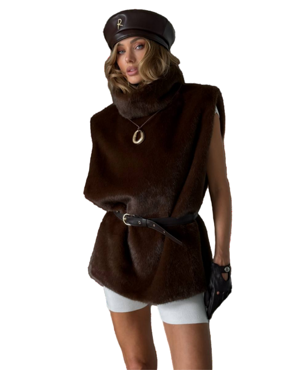 Chocolate Eco Fur Sleeveless Vest High Neck Satin Lined Faux Fur Belted Vest for Women
