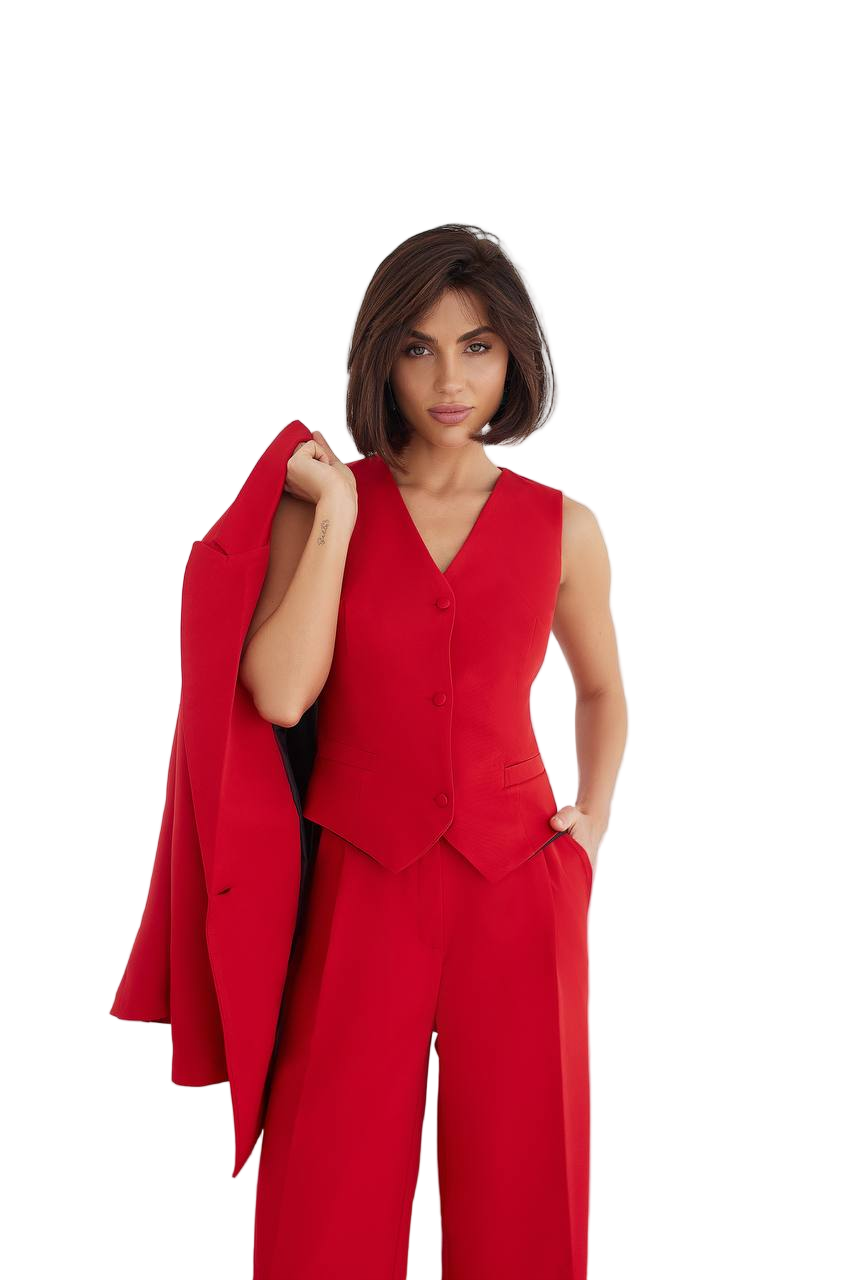 Women Three Piece Suit Red Premium Diagonal Crepe Lined Vest Jacket Trousers