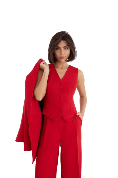 Women Three Piece Suit Red Premium Diagonal Crepe Lined Vest Jacket Trousers
