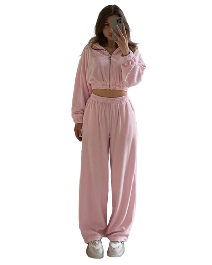 Pink Velour Tracksuit Two Piece Set Cropped Hoodie and Palazzo Pants