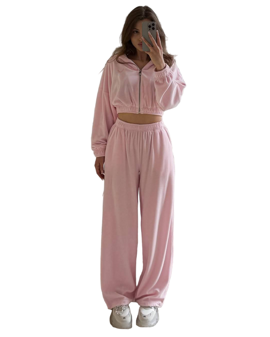 Pink Velour Tracksuit Two Piece Set Cropped Hoodie and Palazzo Pants
