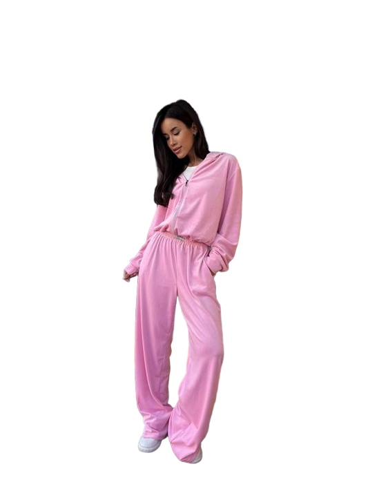 Pink Velour Tracksuit with Hooded Zip-Up Jacket and Palazzo Pants