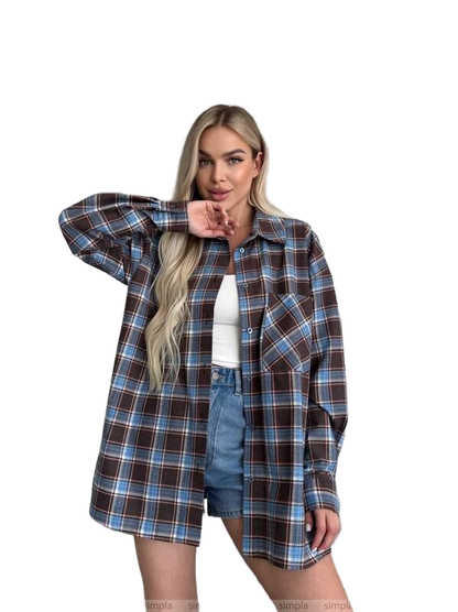 Oversize Flannel Shirt Blue Brown Plaid Casual Top