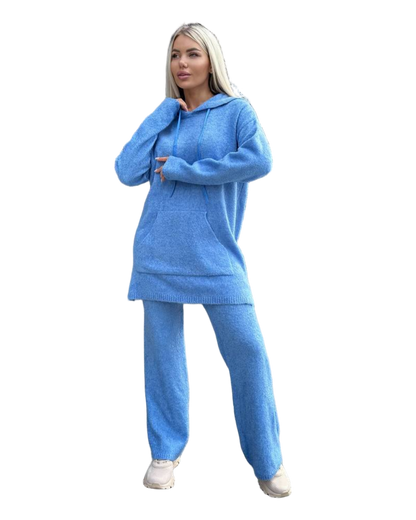 Blue Knit Two Piece Cozy Fall Loungewear Set Hoodie Pants