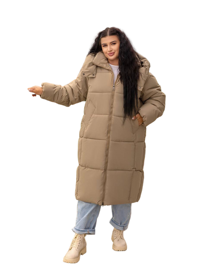 Beige Semi Oversized Long Hooded Puffer Coat Water Resistant Holofiber Insulated Winter Coat