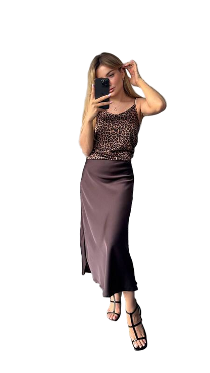 Elegant Brown Midi Skirt with Stretch Waistband