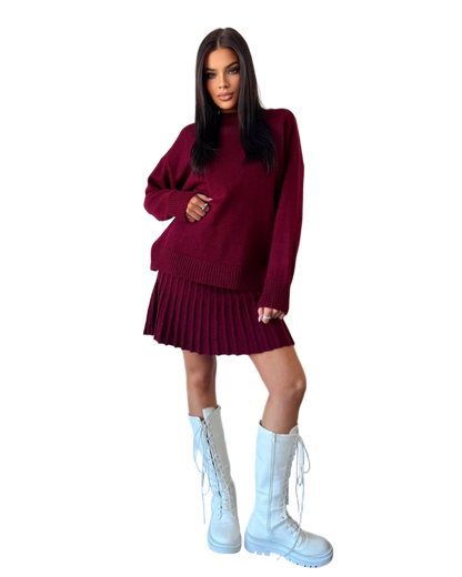 Stylish Burgundy Knit Oversized Sweater and Pleated Skirt Set