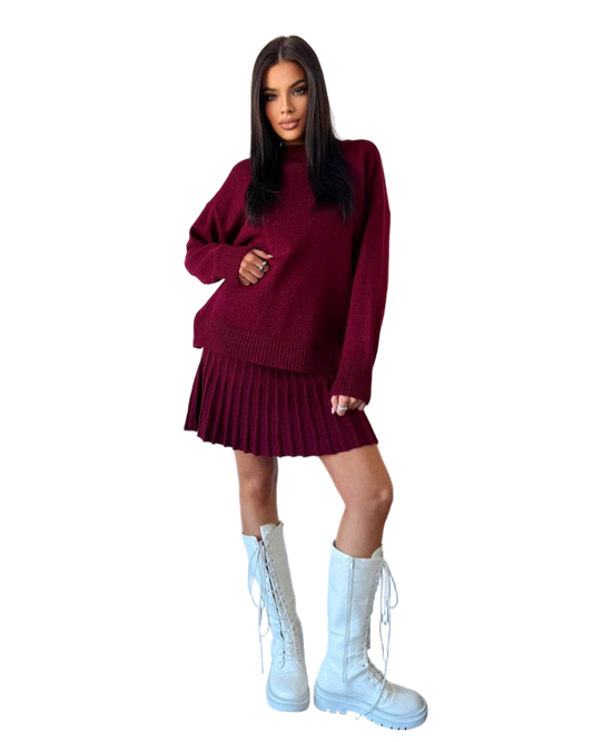 Stylish Burgundy Knit Oversized Sweater and Pleated Skirt Set