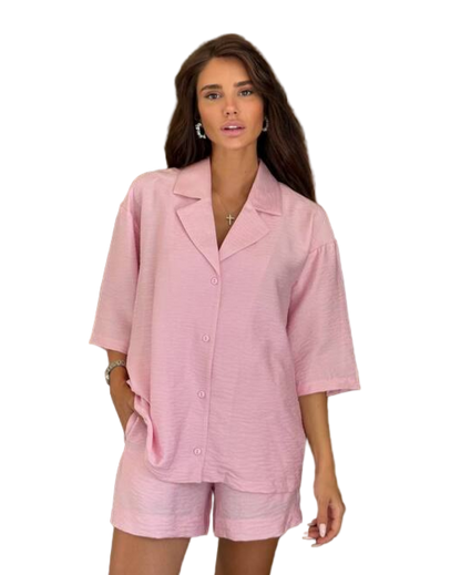Pink Linen Two-Piece Suit with Relaxed Shirt and Shorts