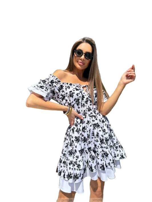 Off Shoulder White Dress with Black Floral Print and Adjustable Waist