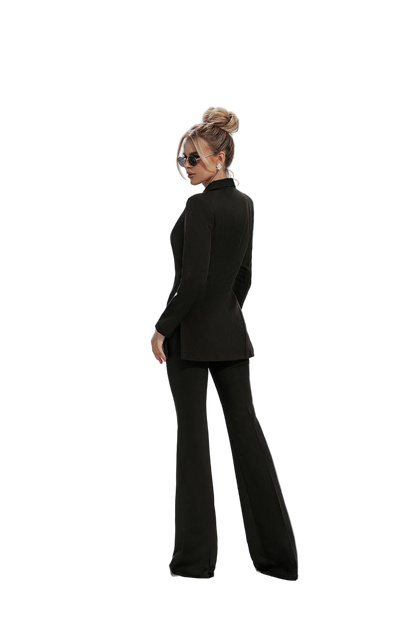 Person wearing a black suit on a white background