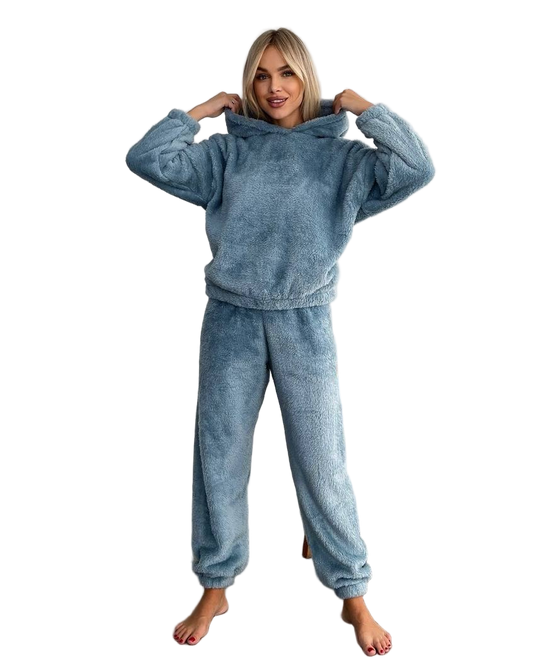 Women Hooded Plush Pajama Set Blue Double Sided Terry Fleece Home Loungewear