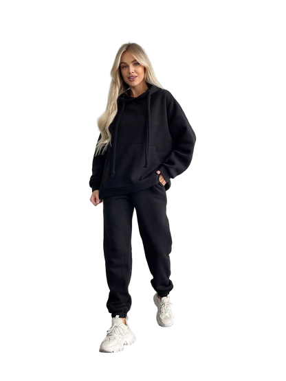 Black Oversized Fleece Tracksuit Women Hoodie and Joggers Casual Athleisure Set