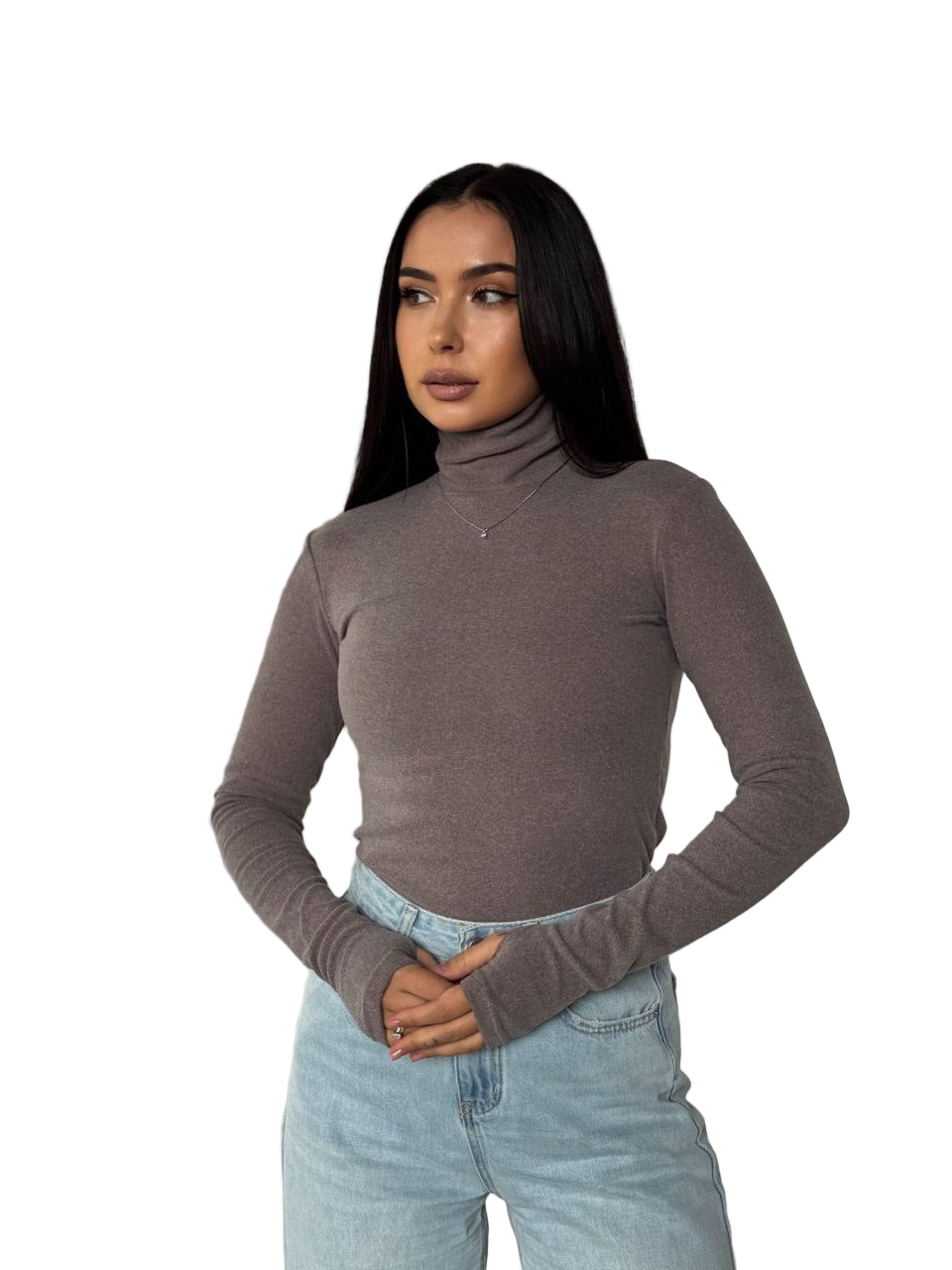 Taupe Thermal Turtleneck Longsleeve Soft Stretch Basic Top