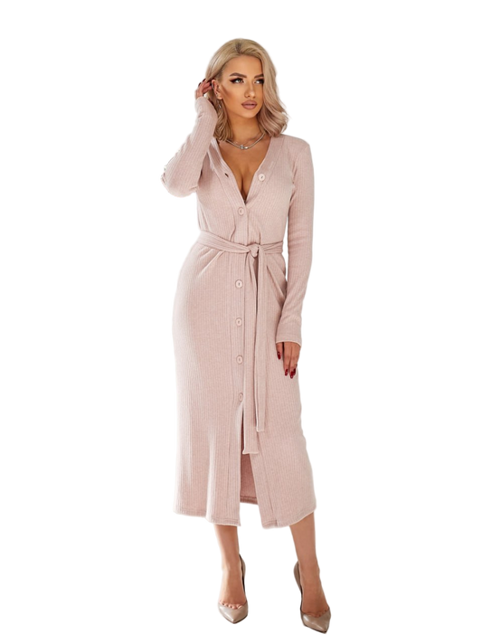 Ribbed Knit Midi Dress Button Front Tie Belt Long Sleeve