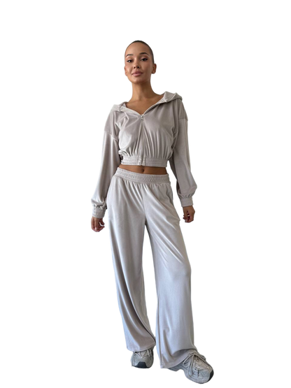 Velour Three Piece Suit Womens Velour Tracksuit Set Hoodie Crop Top Wide Leg Trousers