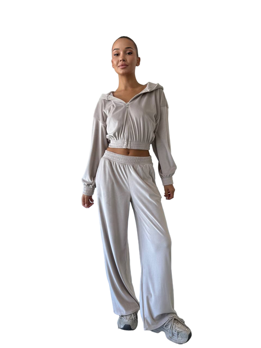 Velour Three Piece Suit Womens Velour Tracksuit Set Hoodie Crop Top Wide Leg Trousers