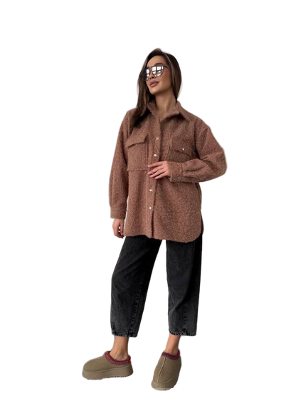 Womens Stylish Wool Boucle Shirt Jacket in Brown