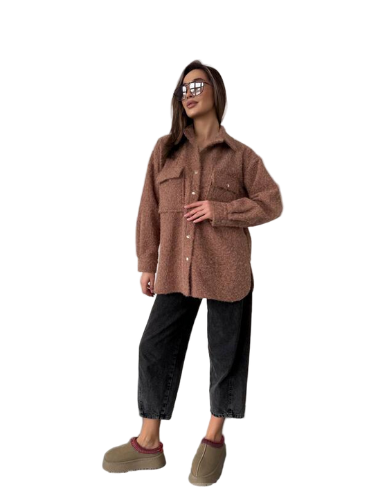 Womens Stylish Wool Boucle Shirt Jacket in Brown