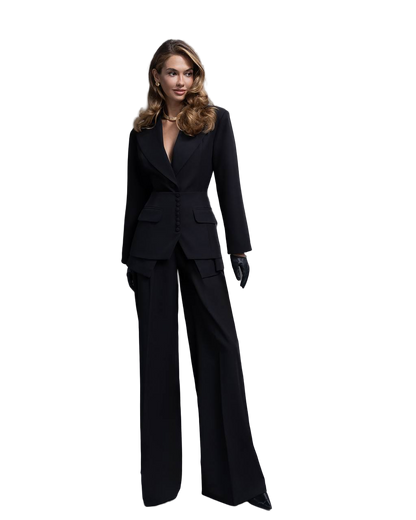 Black Premium Diagonal Crepe Womens Suit Blazer Pants Basque Tailored