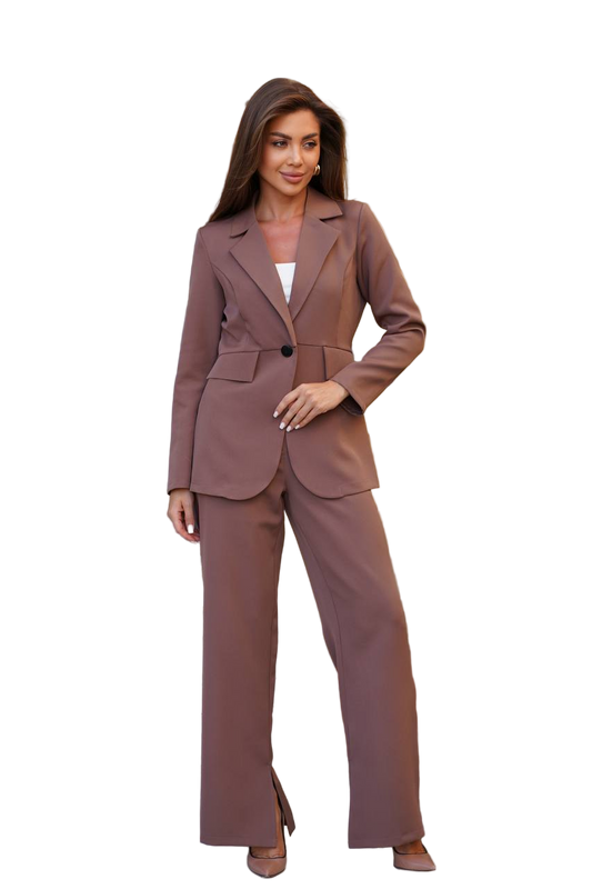 Brown Womens Tailored Pantsuit Blazer and Wide Leg Trousers