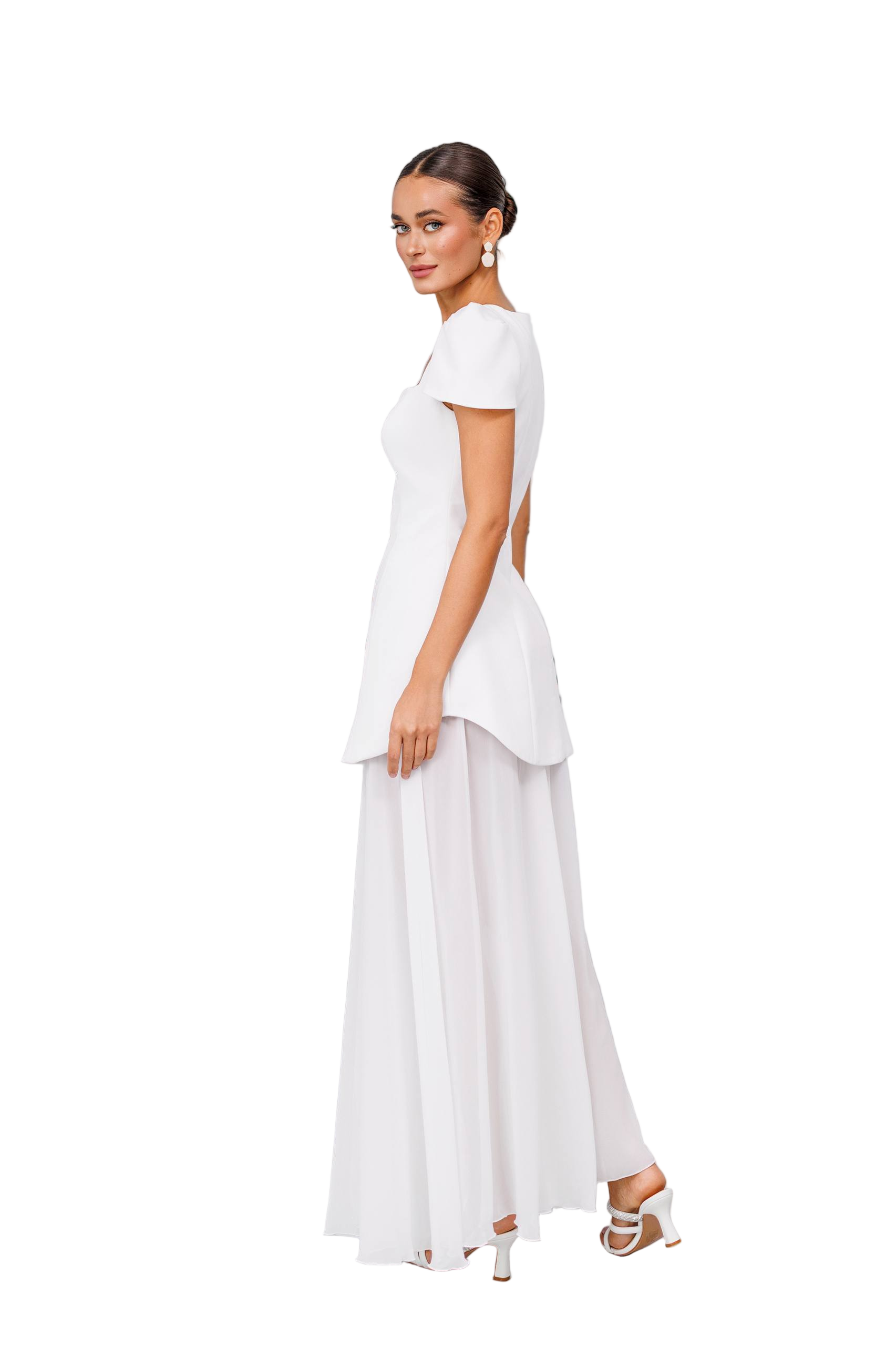 White Peplum Dress and Skirt Diagonal Crepe Top Premium Chiffon Skirt