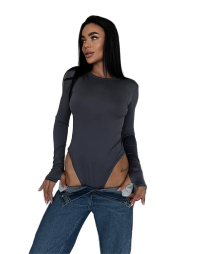 Womens Long Sleeve Grey Bodysuit Microdiving Fabric