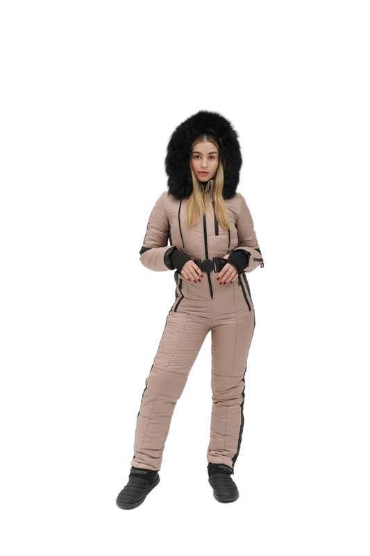 Womens Beige Winter Overall With Removable Hood Real Fox Fur Water Repellent Ski Suit