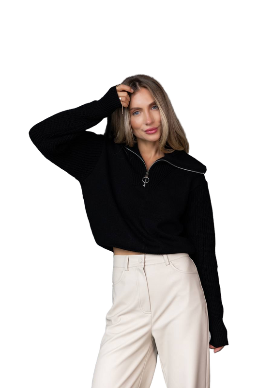 Black Half Zip Sweater Women Wool Blend Knit Pullover