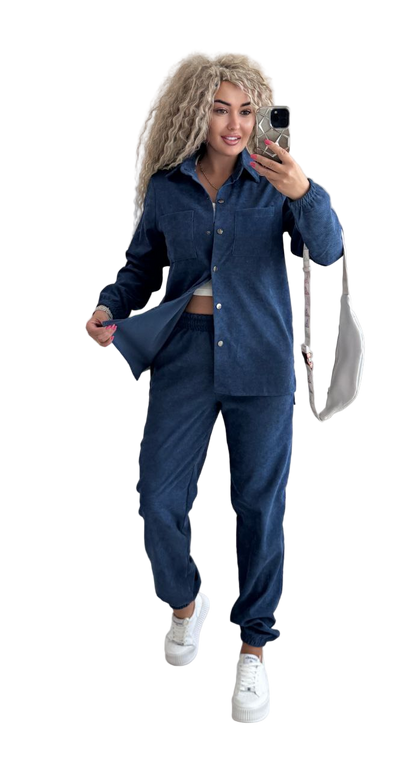 Stylish Navy Blue Corduroy Two-Piece Women's Outfit