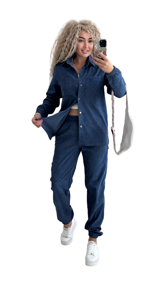 Stylish Navy Blue Corduroy Two-Piece Women's Outfit