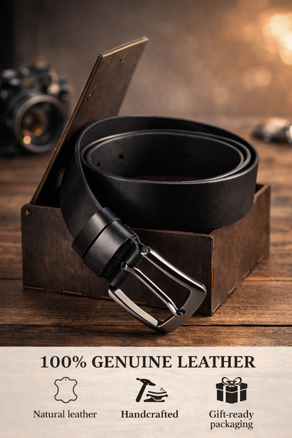 Handmade Mens Black Genuine Calf Leather Belt with Metal Buckle Gift for Him