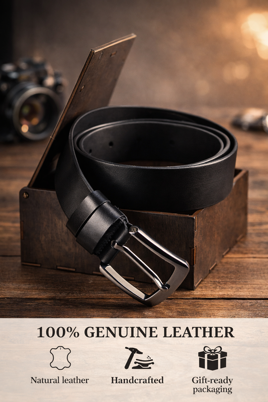 Handmade Mens Black Genuine Calf Leather Belt with Metal Buckle Gift for Him