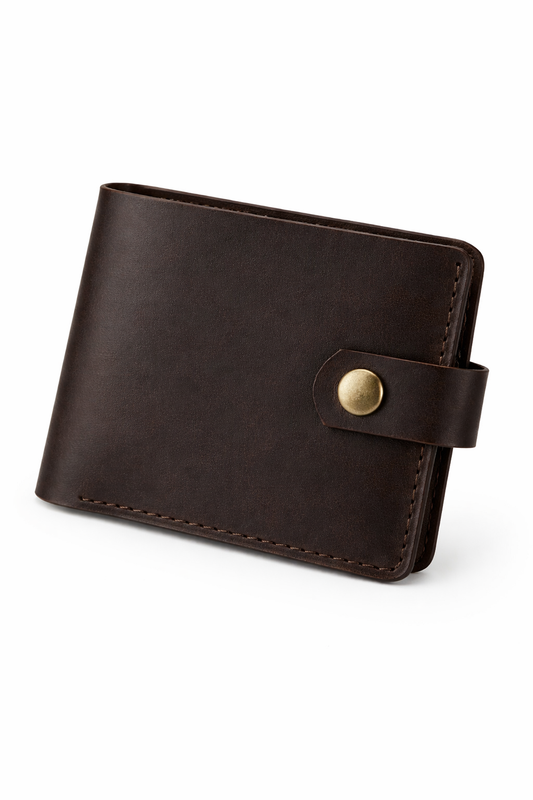 Handmade Mens Wallet Dark Brown Crazy Horse Genuine Leather Bifold with Coin Snap