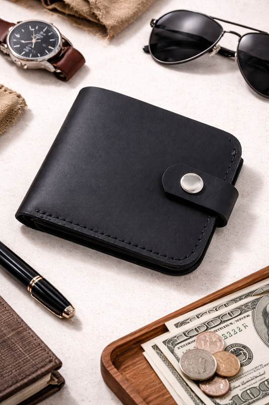 Handmade Mens Black Genuine Leather Wallet Snap Coin Pocket 2 Card Slots