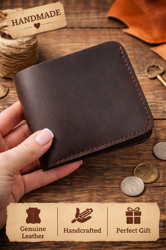 Handmade Mens Bifold Wallet Genuine Crazy Horse Leather Dark Brown Gift for Him